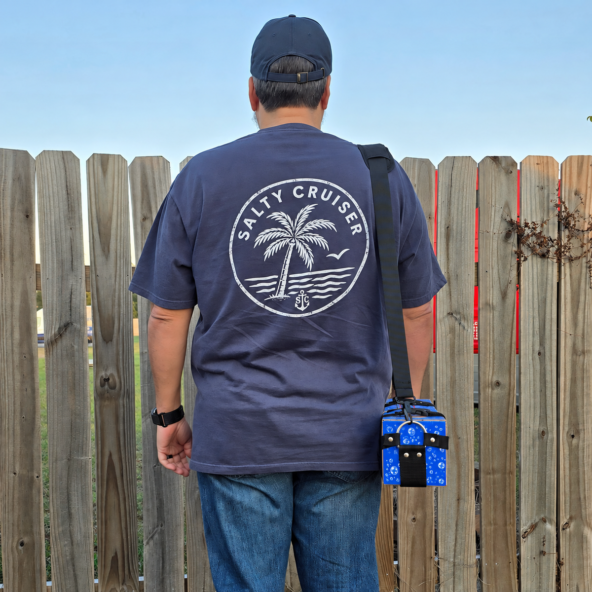 Soda Sling 12-pack carrier and adjustable shoulder strap for hands-free carrying