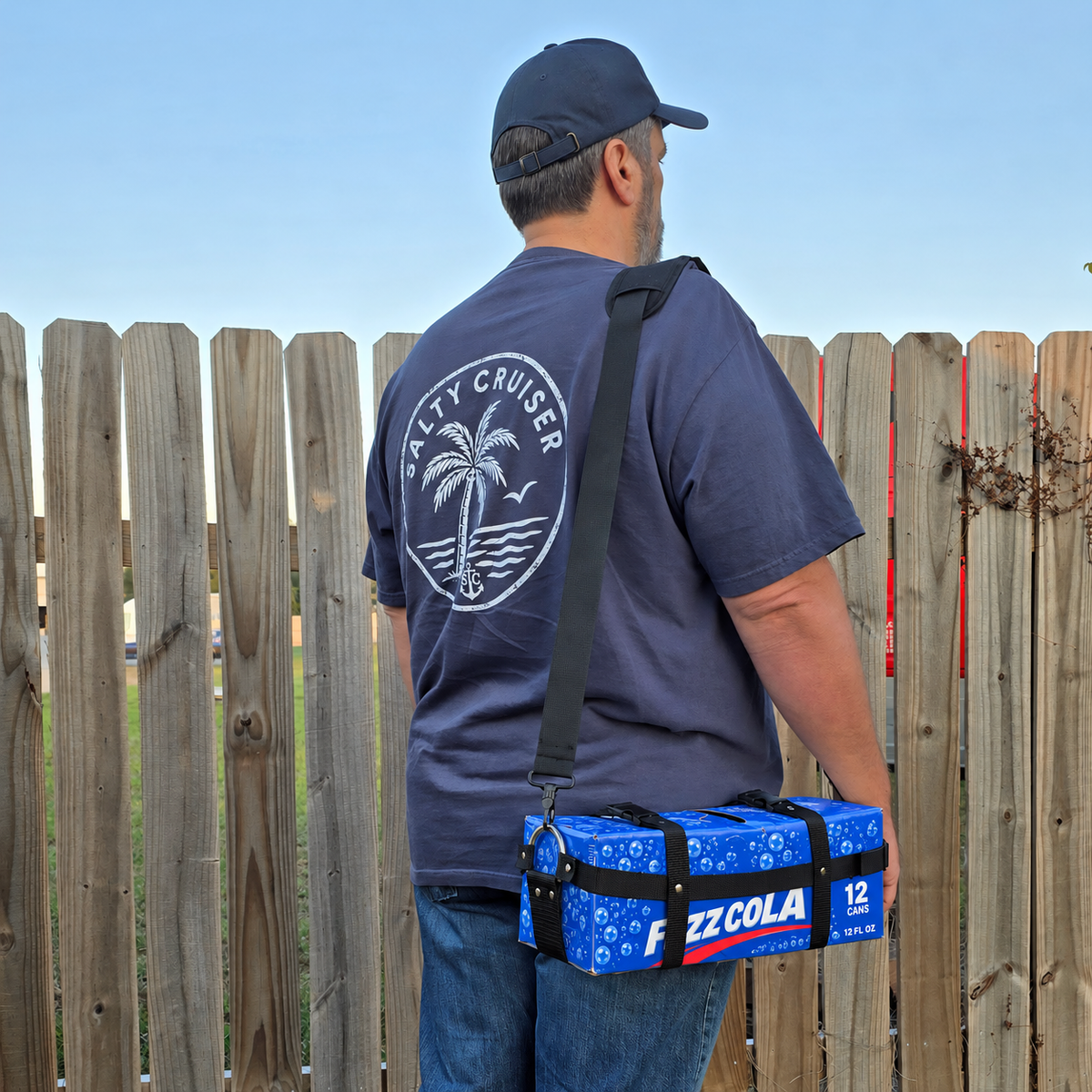Soda Sling black webbing drink carrier designed for cruise embarkation