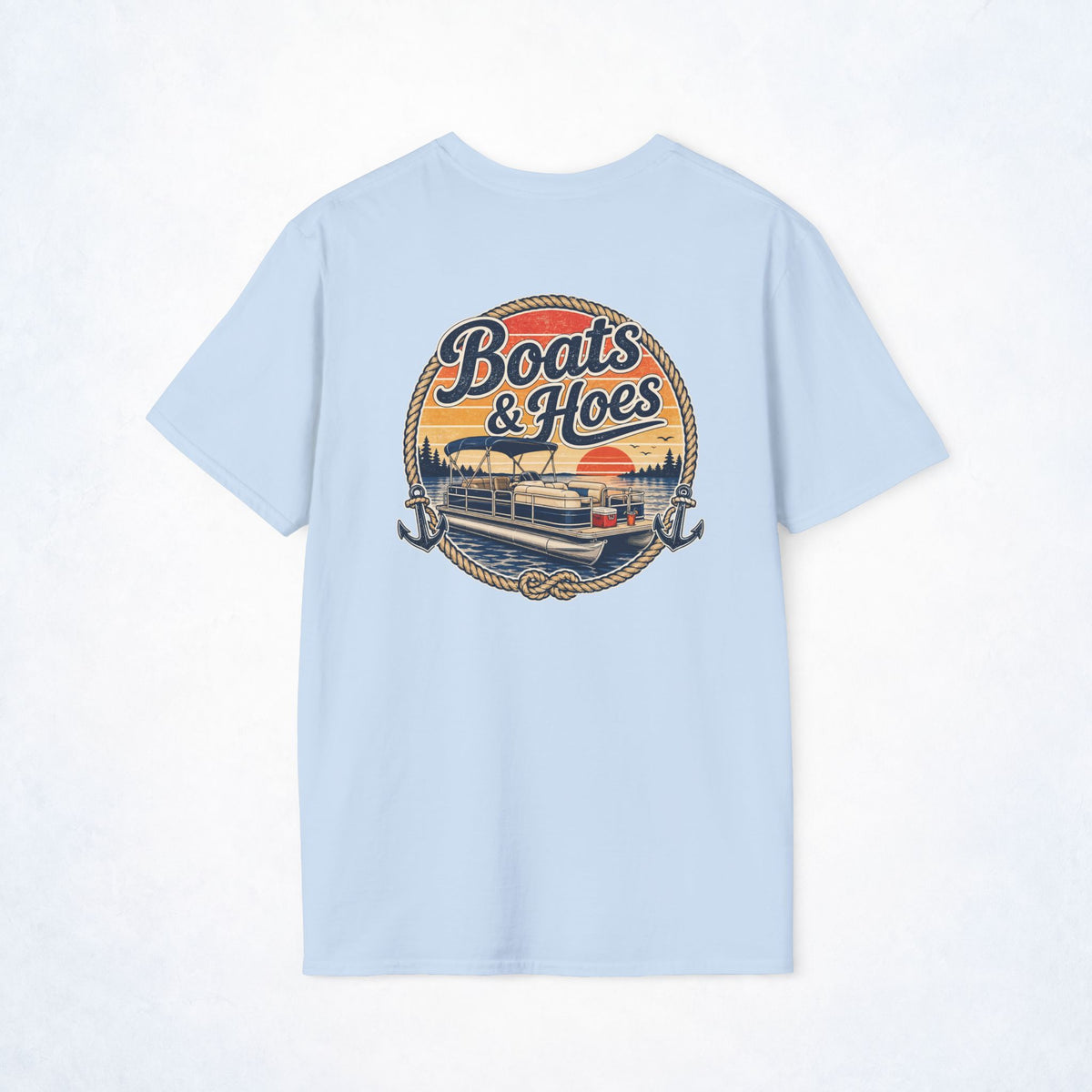 Boats & Hoes Retro Sunset Pontoon Front & Back Tee
