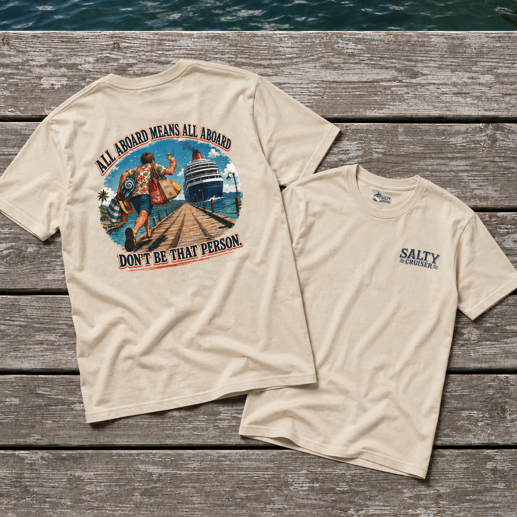 All Aboard Means All Aboard Pier Runner Front and Back Cruise Tee