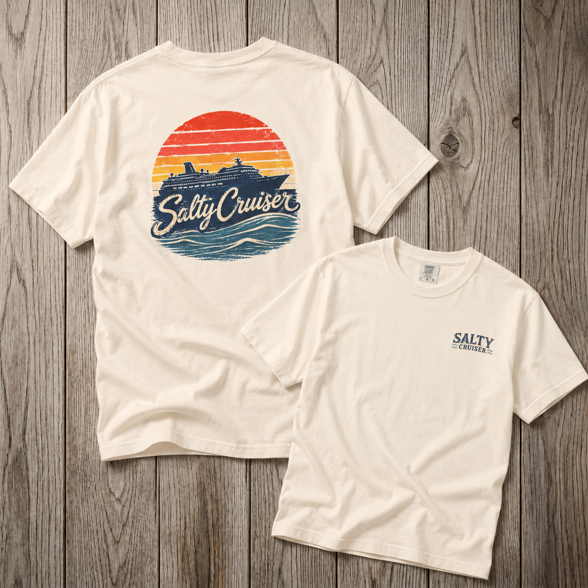 Salty Cruiser Sunset Cruise Front and Back Tee