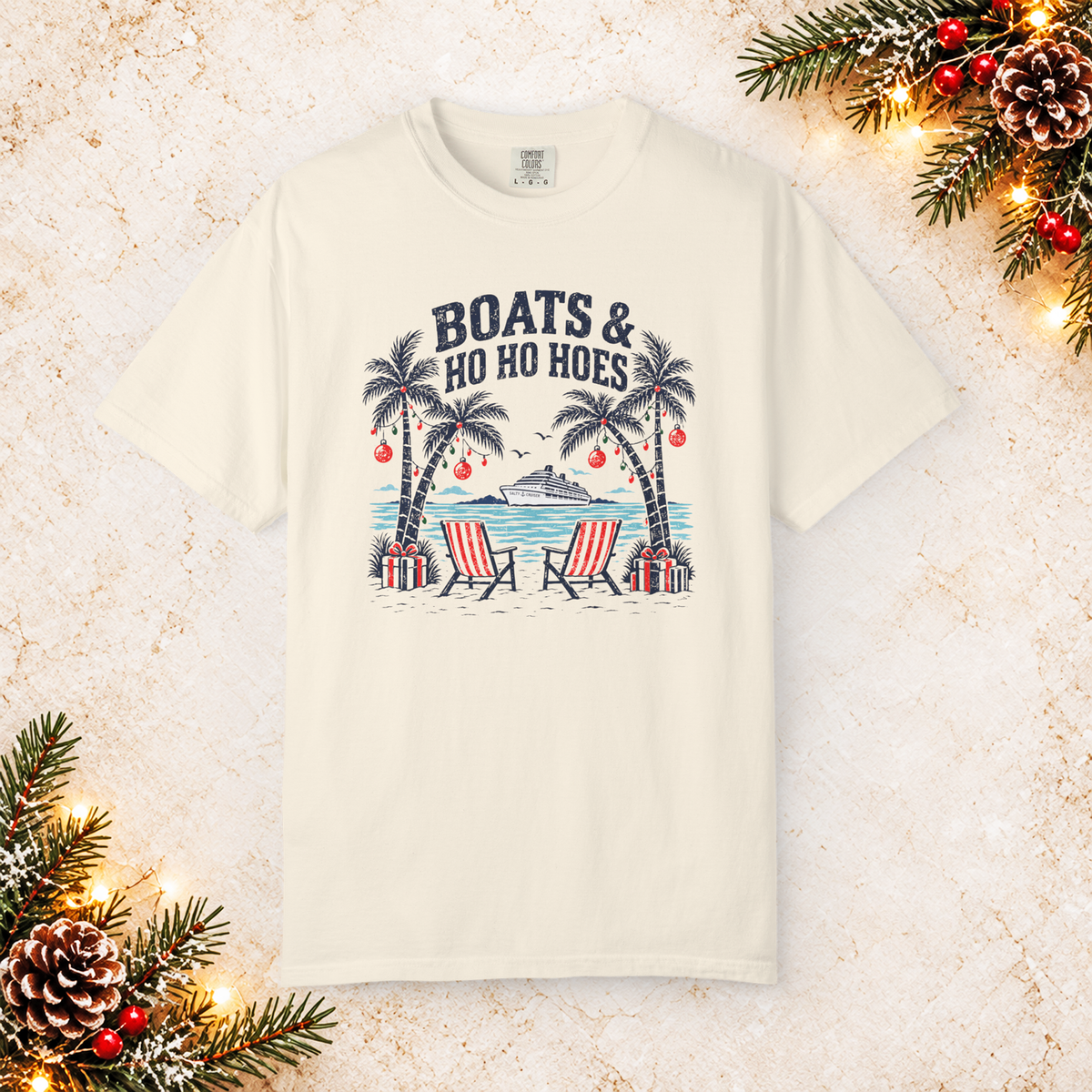 Boats & Ho Ho Hoes Tropical Christmas Cruise Tee