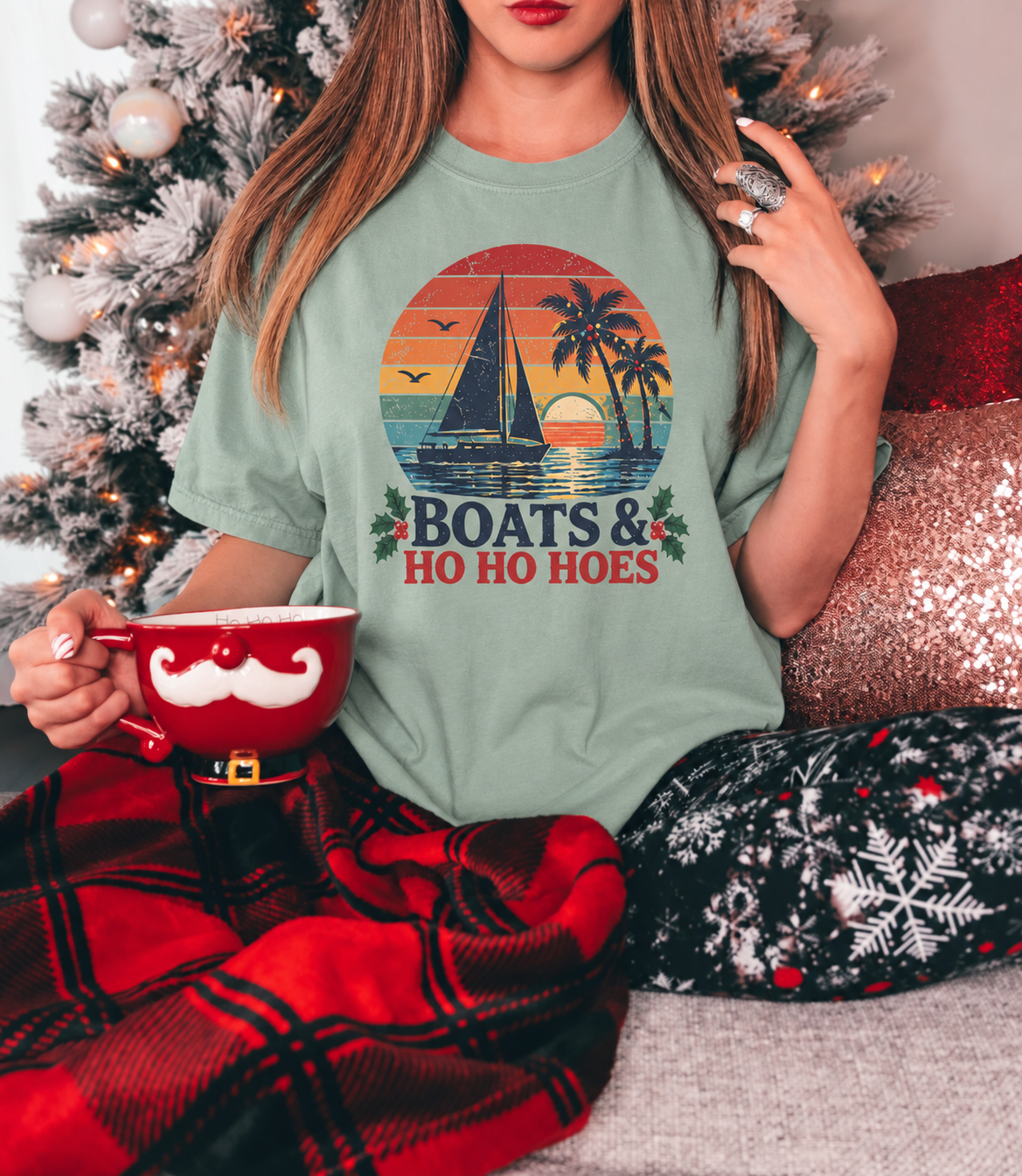Boats & Ho Ho Hoes Retro Sailboat Christmas Tee