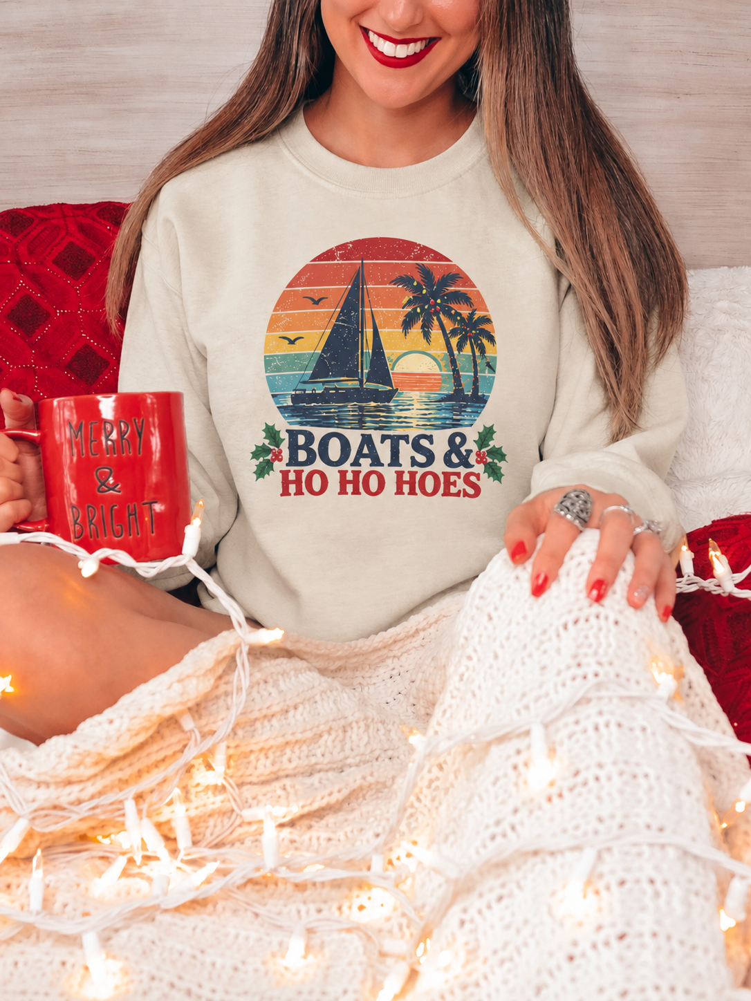 Boats & Ho Ho Hoes Retro Sailboat Christmas Sweatshirt