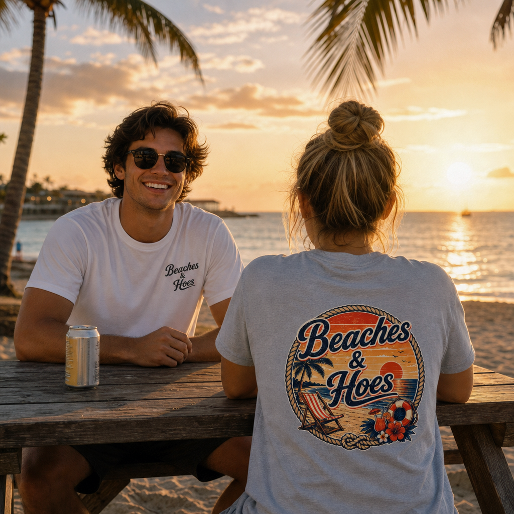 Beaches & Hoes Retro Sunset Front & Back Tee