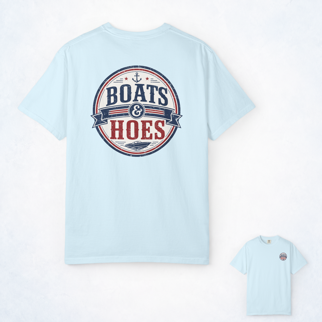 Boats & Hoes Vintage Nautical Badge Front and Back Tee