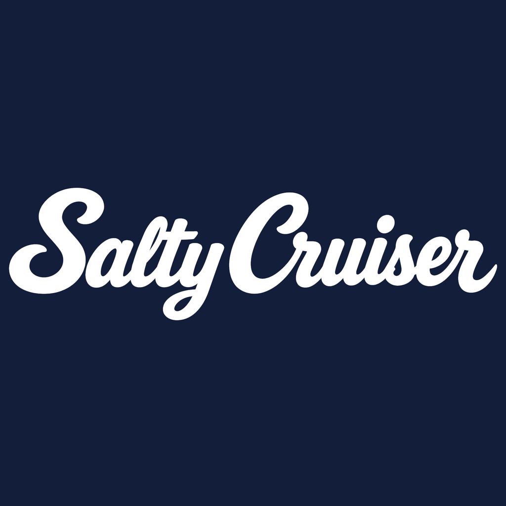 Salty Cruiser script vinyl decal in white