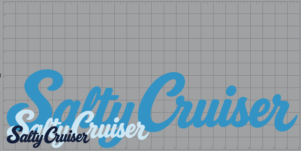 Salty Cruiser script decal size comparison on a cutting mat