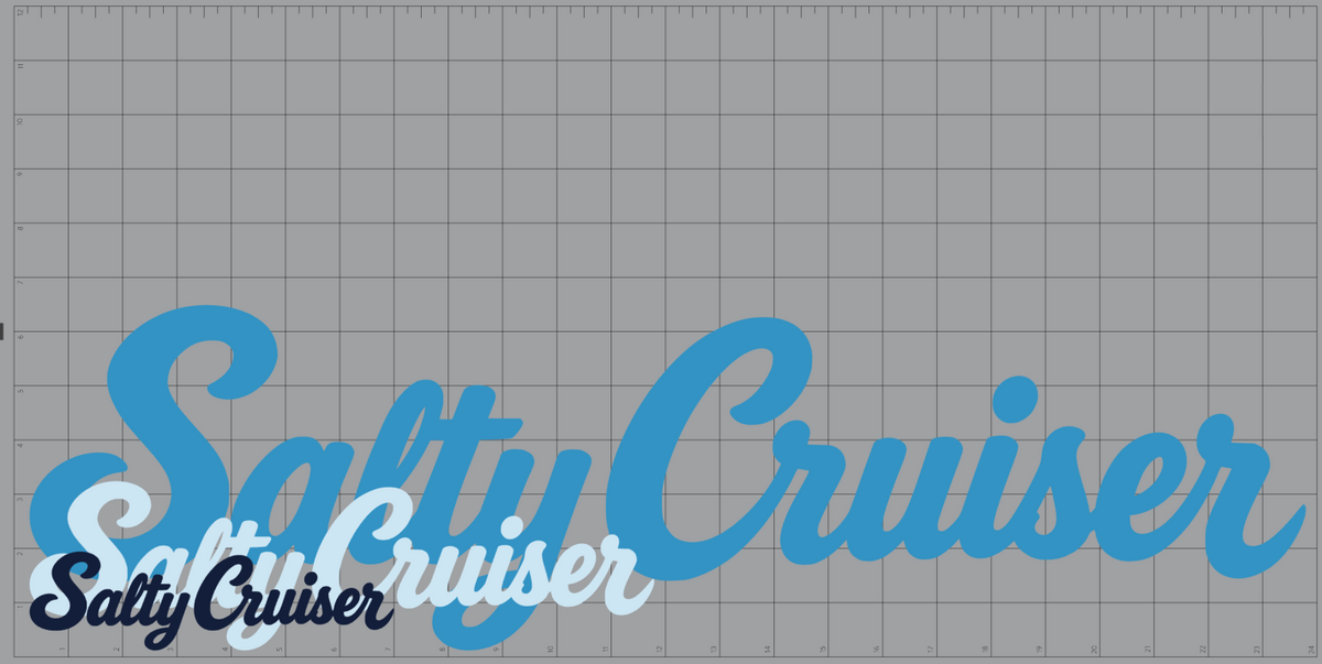 Salty Cruiser script decal size comparison on a cutting mat